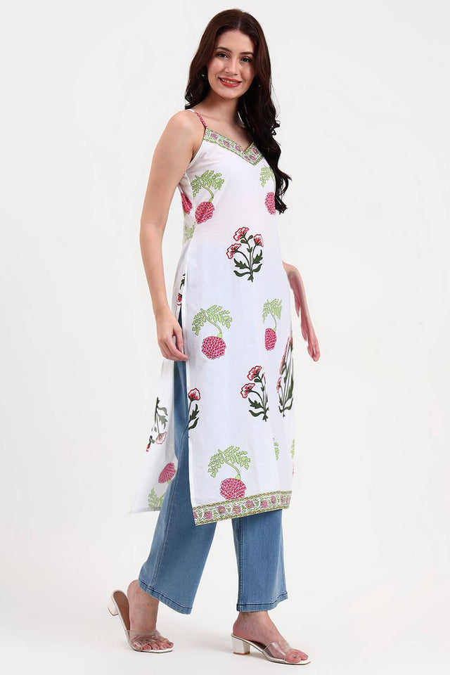 White Floral Printed Cotton Straight Kurti
