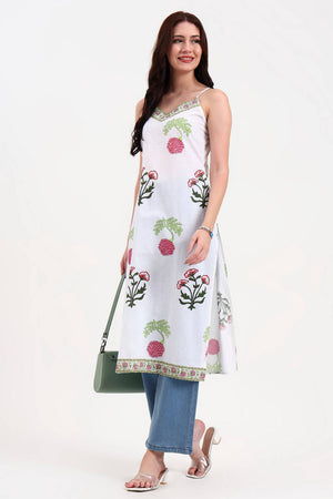 White Floral Printed Cotton Straight Kurti