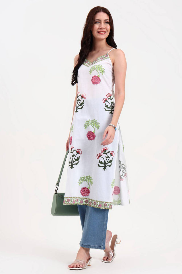 White Floral Printed Cotton Straight Kurti