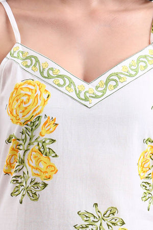 White Floral Printed Cotton Straight Kurti