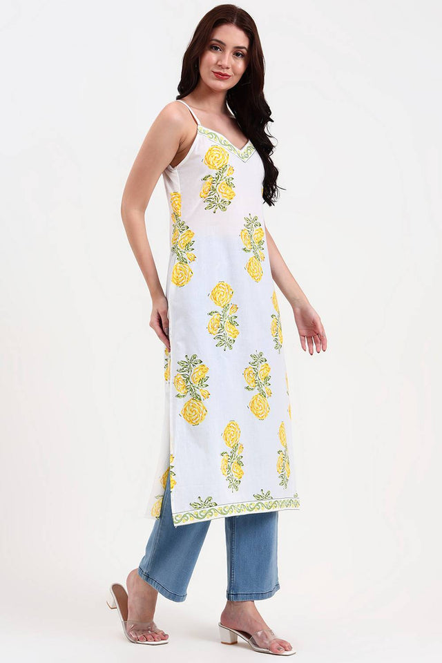 White Floral Printed Cotton Straight Kurti
