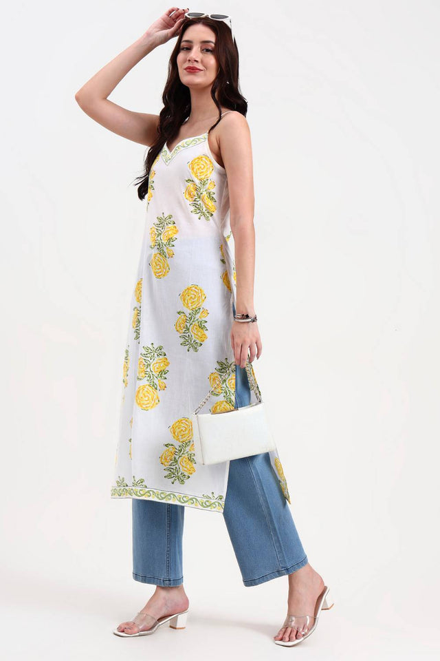 White Floral Printed Cotton Straight Kurti