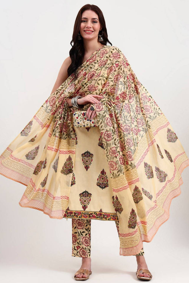 Beige Floral Printed Cotton Straight Cut Suit Set