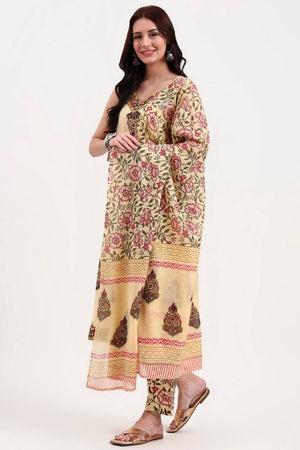 Beige Floral Printed Cotton Straight Cut Suit Set