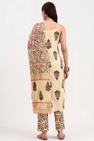 Beige Floral Printed Cotton Straight Cut Suit Set