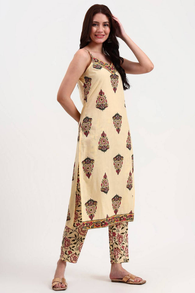 Beige Floral Printed Cotton Straight Cut Suit Set