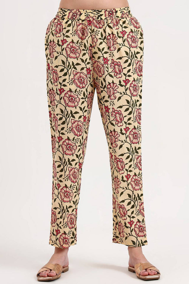 Beige Floral Printed Cotton Straight Cut Suit Set