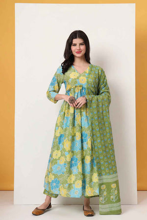 Green Floral Printed Cotton Anarkali Suit Set