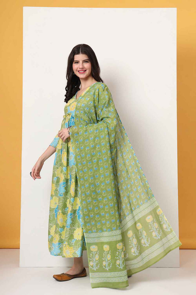 Green Floral Printed Cotton Anarkali Suit Set