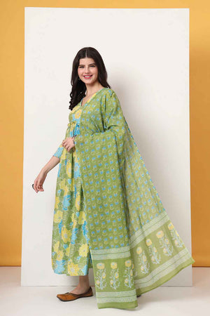 Green Floral Printed Cotton Anarkali Suit Set