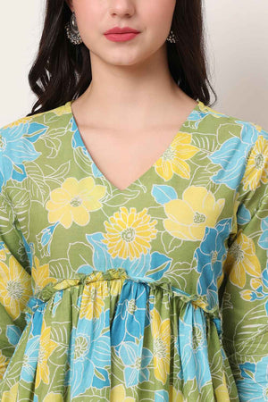 Green Floral Printed Cotton Anarkali Suit Set