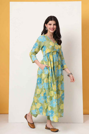 Green Floral Printed Cotton Anarkali Suit Set