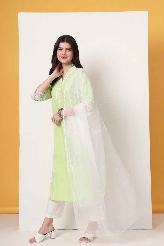 Green Solid Organza Kurti Pant Set