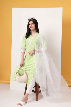 Green Solid Organza Kurti Pant Set