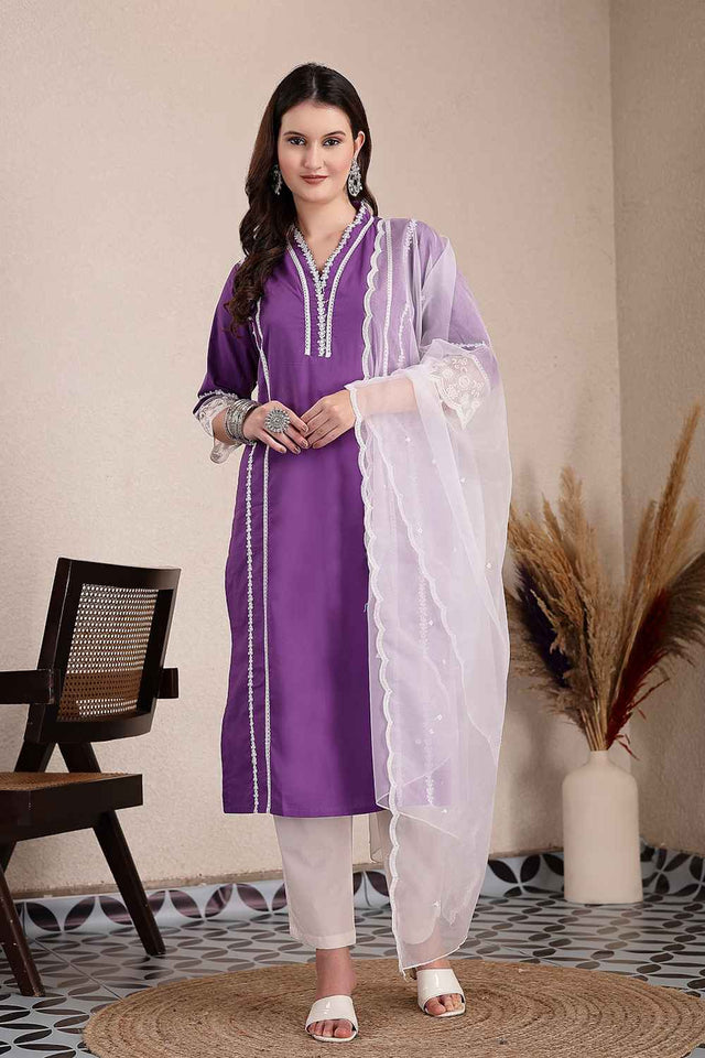 Violet Solid Organic Cotton Kurti Pant Set
