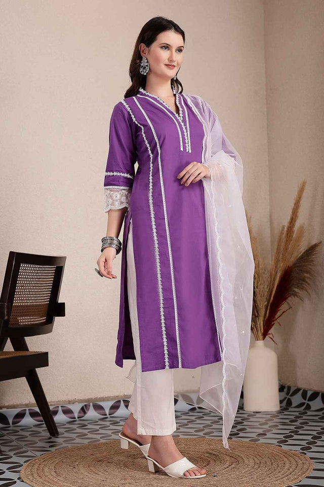 Violet Solid Organic Cotton Kurti Pant Set