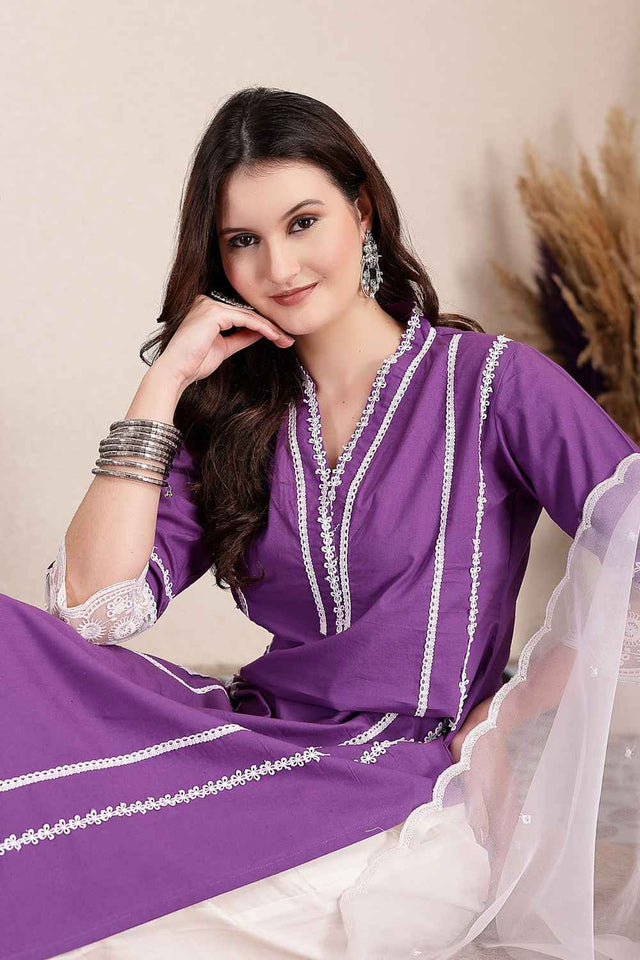 Violet Solid Organic Cotton Kurti Pant Set