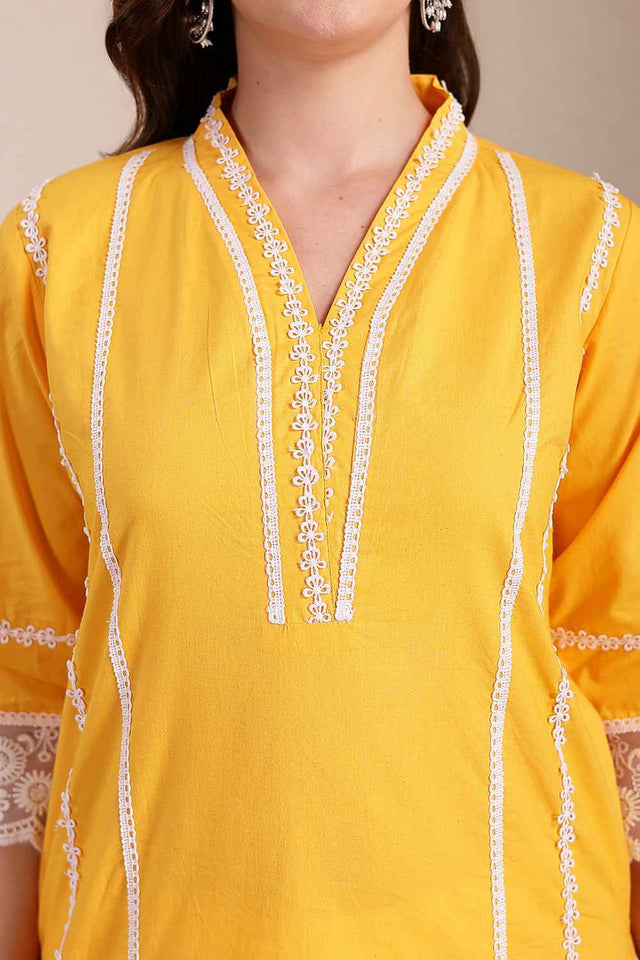 Yellow Solid Organic Cotton Kurti Pant Set