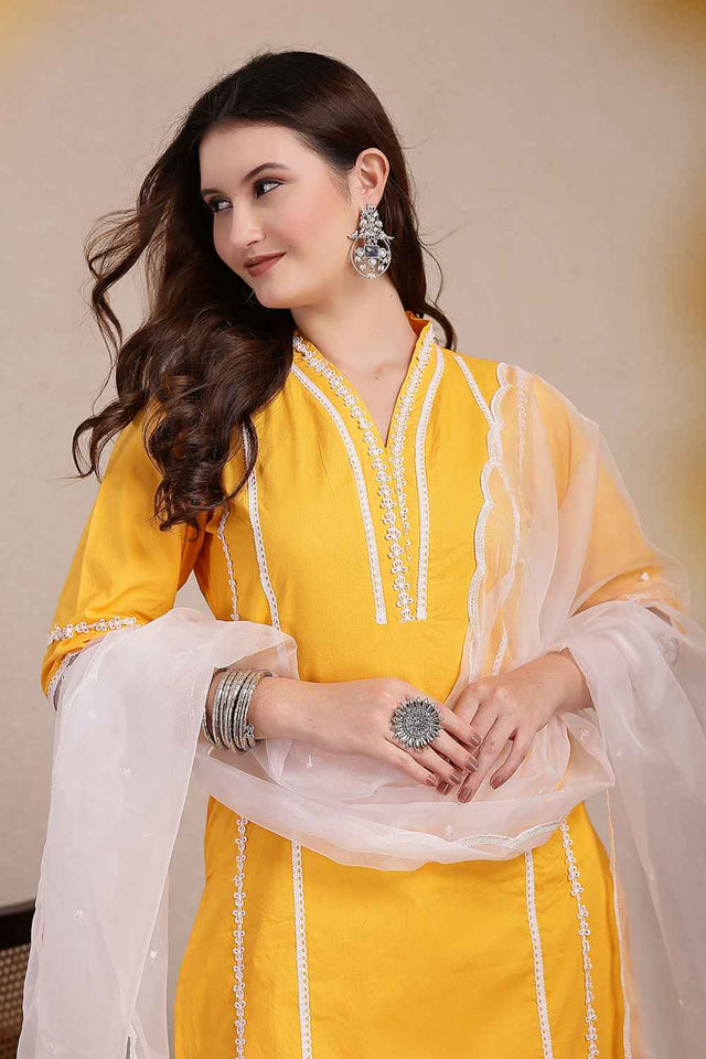 Yellow Solid Organic Cotton Kurti Pant Set