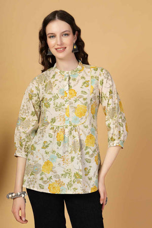 Beige Floral Printed Pure Cotton Tops