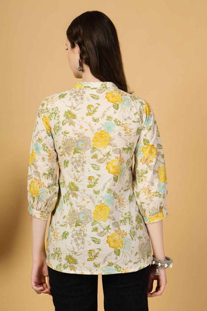 Beige Floral Printed Pure Cotton Tops