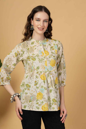 Beige Floral Printed Pure Cotton Tops