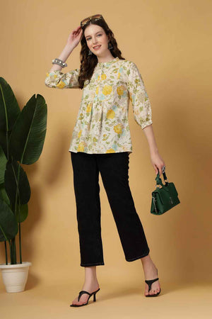 Beige Floral Printed Pure Cotton Tops