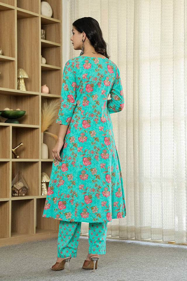 Sea Green Floral Printed Cotton Straight Cut Suit Set