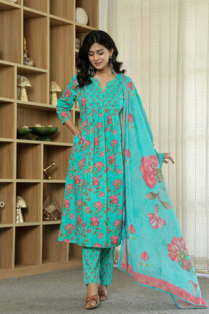 Sea Green Floral Printed Cotton Straight Cut Suit Set