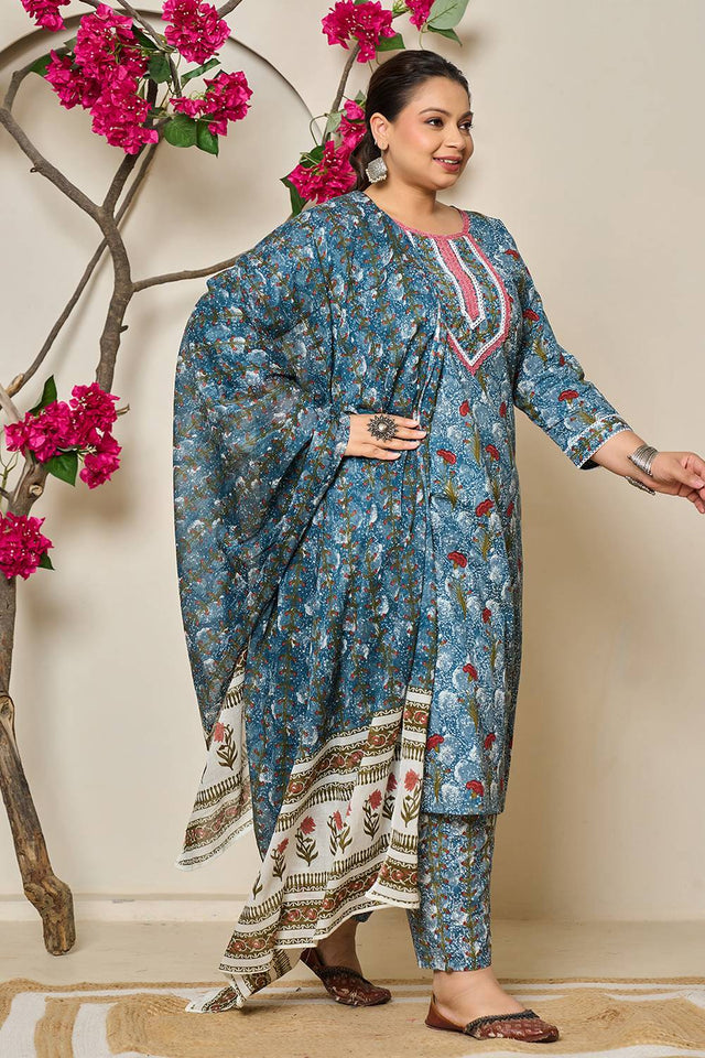 Grey Floral Printed Cotton Straight Cut Suit Set
