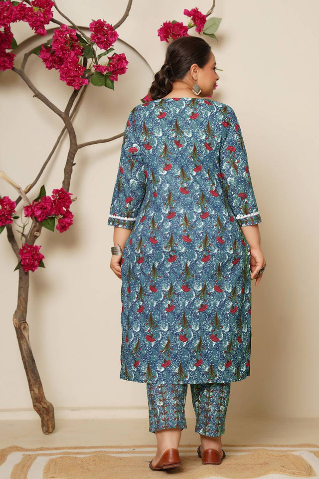 Grey Floral Printed Cotton Straight Cut Suit Set