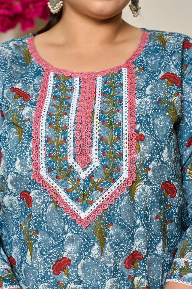 Grey Floral Printed Cotton Straight Cut Suit Set