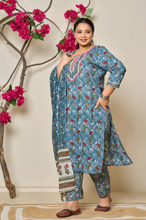 Grey Floral Printed Cotton Straight Cut Suit Set
