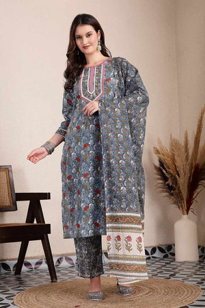 Grey Floral Print Cotton Kurti Pant Set