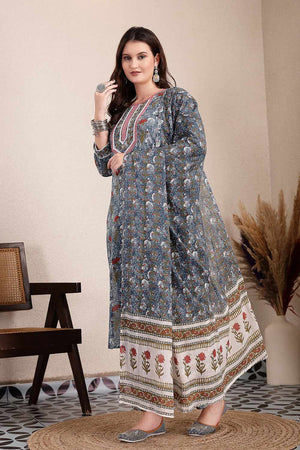Grey Floral Print Cotton Kurti Pant Set