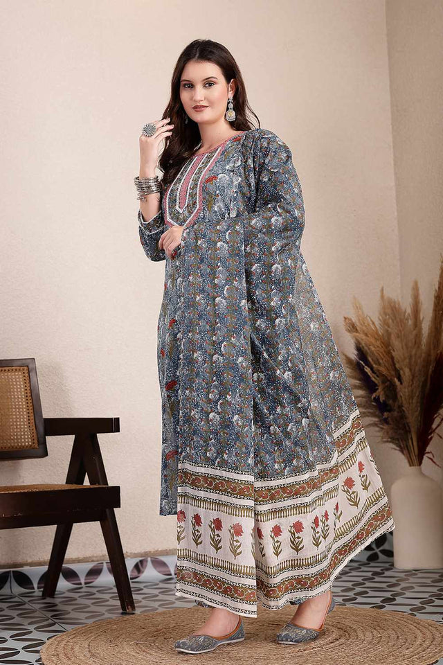 Grey Floral Print Cotton Kurti Pant Set