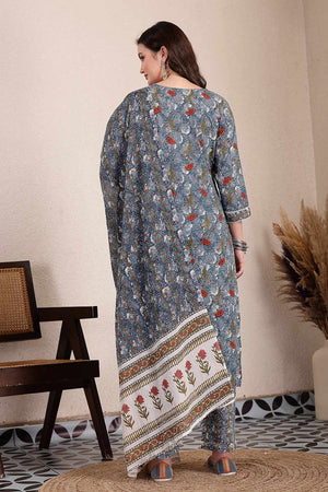 Grey Floral Print Cotton Kurti Pant Set