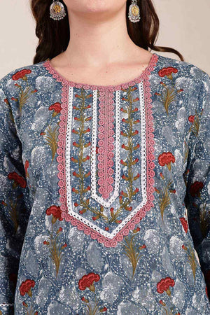 Grey Floral Print Cotton Kurti Pant Set