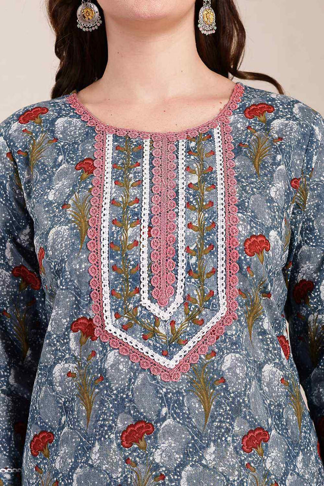Grey Floral Print Cotton Kurti Pant Set