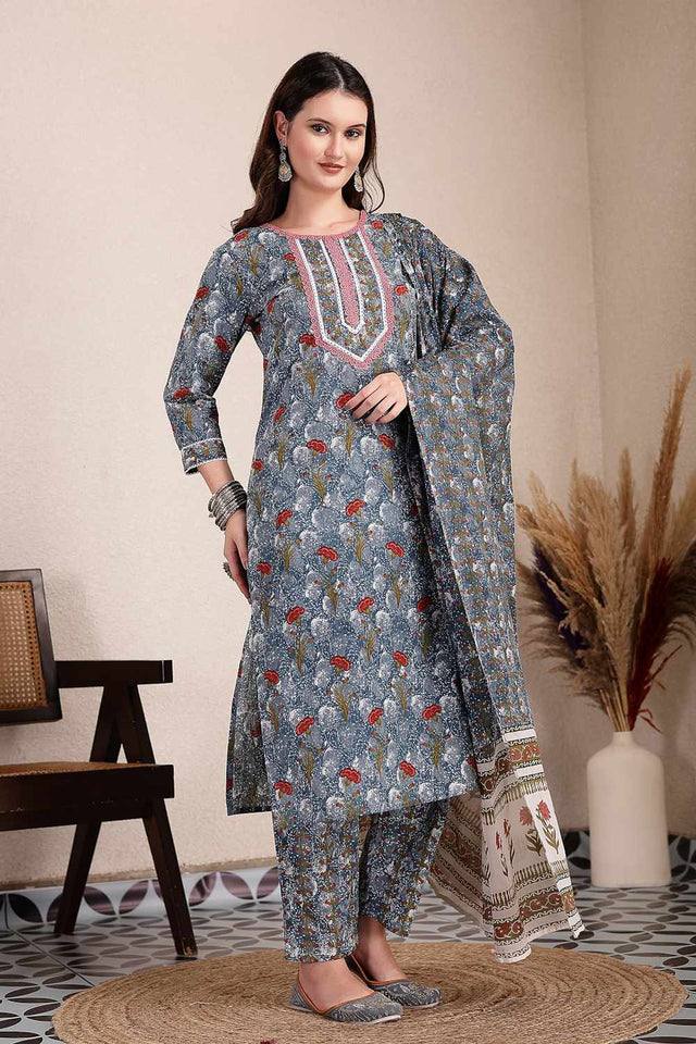 Grey Floral Print Cotton Kurti Pant Set