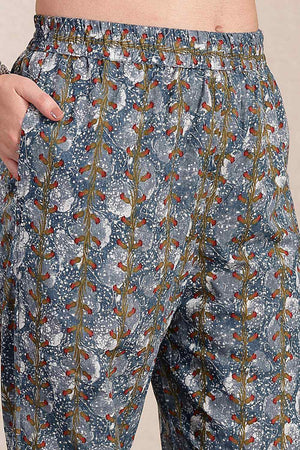 Grey Floral Print Cotton Kurti Pant Set