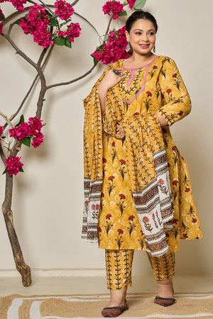 Mustard Floral Printed Cotton Straight Cut Suit Set
