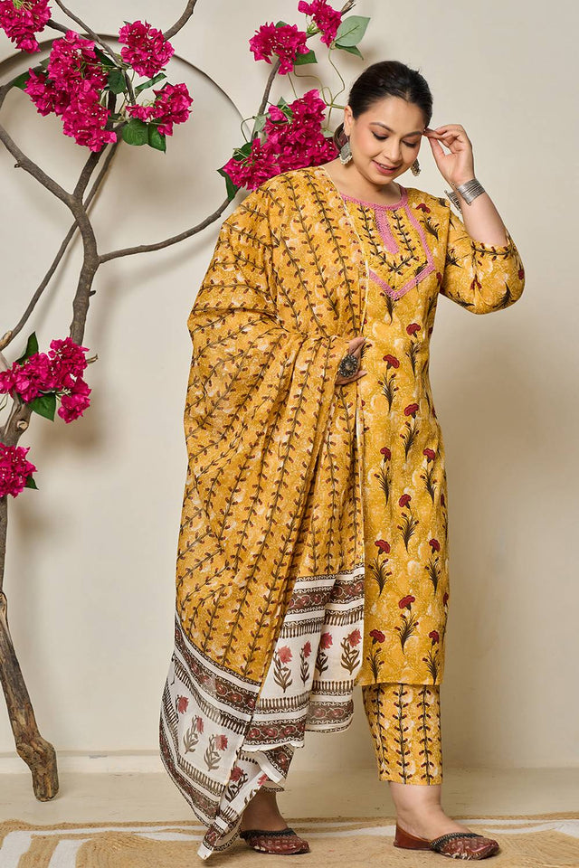 Mustard Floral Printed Cotton Straight Cut Suit Set