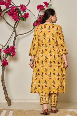 Mustard Floral Printed Cotton Straight Cut Suit Set