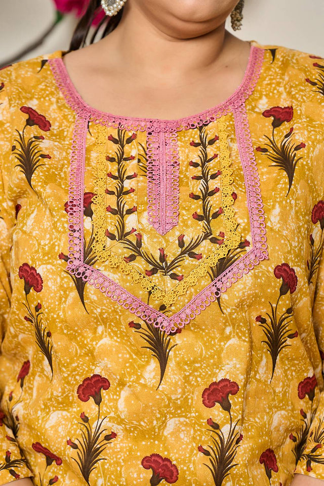 Mustard Floral Printed Cotton Straight Cut Suit Set