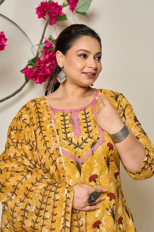 Mustard Floral Printed Cotton Straight Cut Suit Set