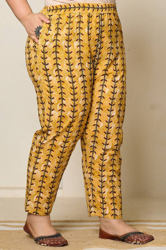 Mustard Floral Printed Cotton Straight Cut Suit Set