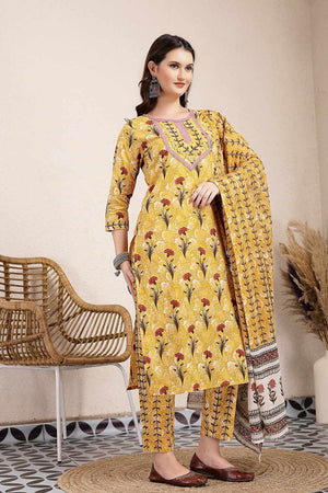 Mustard Floral Print Cotton Kurti Pant Set