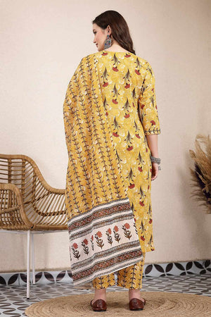 Mustard Floral Print Cotton Kurti Pant Set