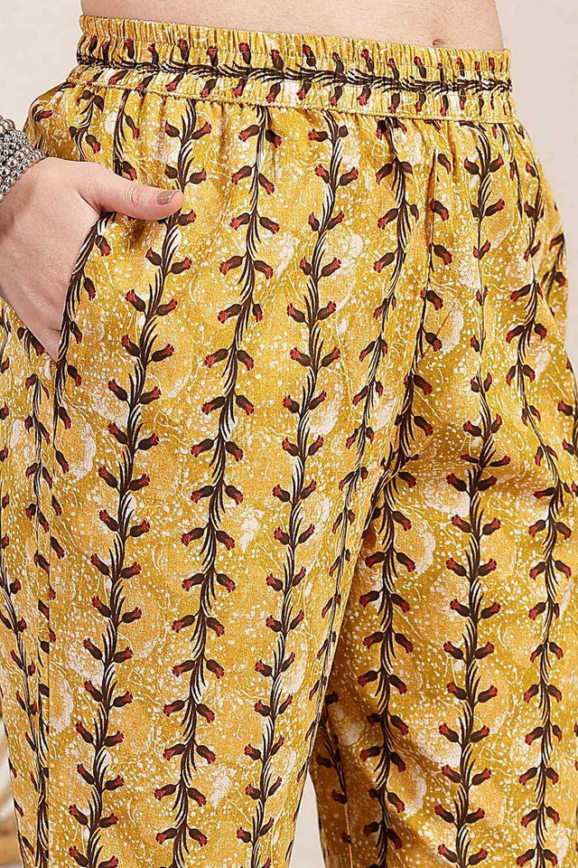Mustard Floral Print Cotton Kurti Pant Set
